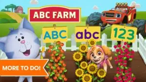 ABC Farm live update title screen. Periwinkle holds a pencil in front of a garden plot with letter and number signs.