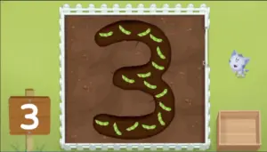 top down view of a plot of dirt with the number 3 dug out, with pea pods growing inside the number.