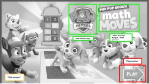 Image displaying layout of screen reader elements for Pup Pup Boogie.