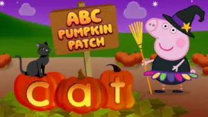 ABC Pumpkin Patch Title Screen. Cartoon character Peppa Pig stands in front of 3 pumpkins that spell the word Cat.