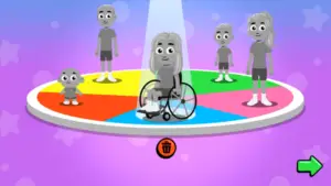 Cartoon greyschale avatars standing on a rainbow wheel. Center avatar is of young girl in wheelchair.