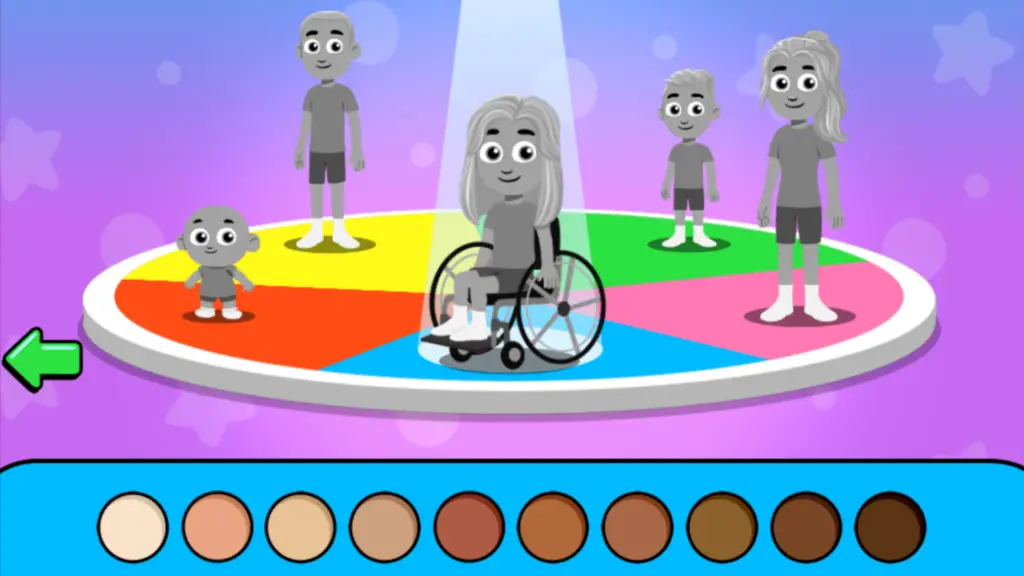 Cartoon greyschale avatars standing on a rainbow wheel with 10 skin tone options at bottom of screen.