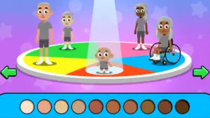 Cartoon avatars of various races standing on a rainbow wheel with 10 skin tone options at bottom of screen.