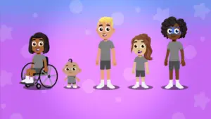 Cartoon family characters with various skin tones, facial expressions, hairstyles, and eye colors standing in front of a purple background.