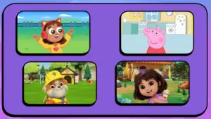 Menu screen featuring Peppa Pig, Rubble from Paw Patrol, and Dora the Explorer, as well as a Big Heart Kid from Noggin.
