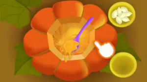 screenshot of top down view of pumpkin with top cut off. a spoon holds pumpkin innards and is moving towards an empty bowl.