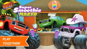 Blaze and The Monster Machines Super Smoothie Maker title screen. Blaze and Starla stand in front of tiki hut holding smoothies with Pickle inside.