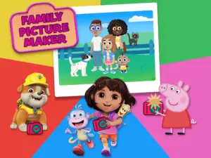 Family Picture Maker title screen featuring Dora the Explorer, Rubble from Paw Patrol, and Peppa Pig.